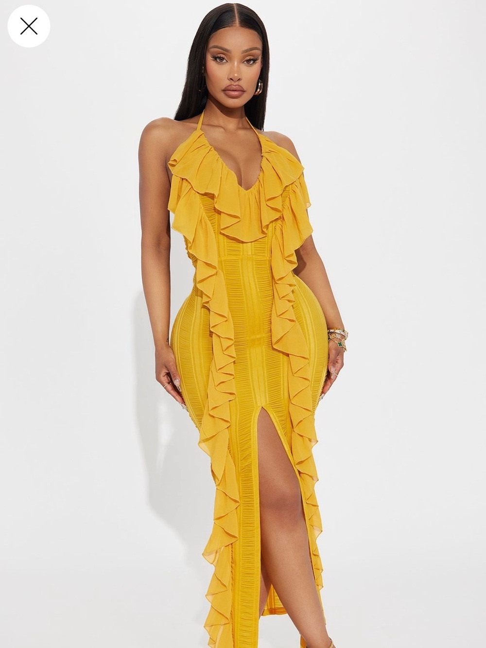 Yellow Ruffle Halter Midi Dress